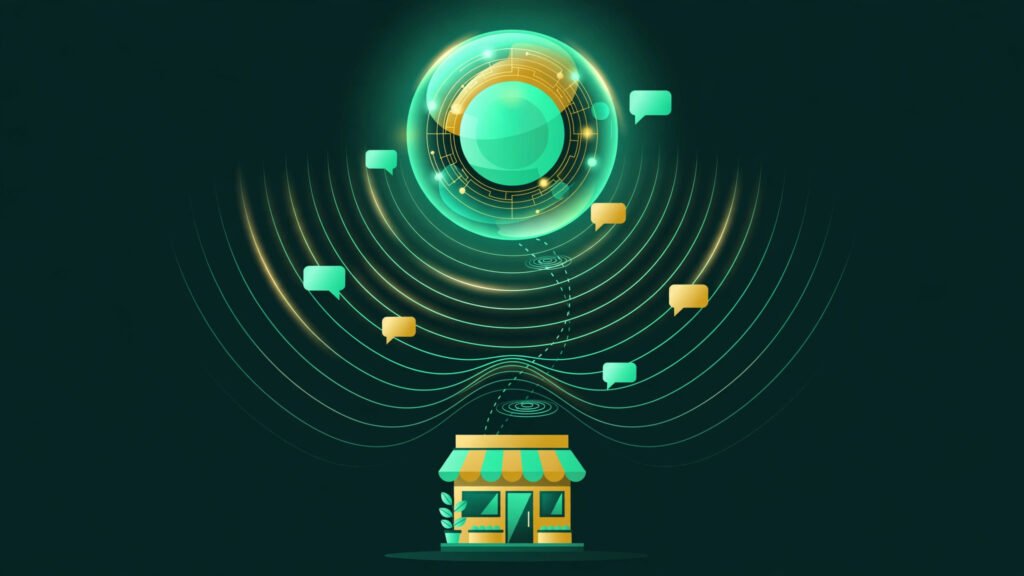 Illustration for the AEO guide: a glowing AI orb answering a local storefront