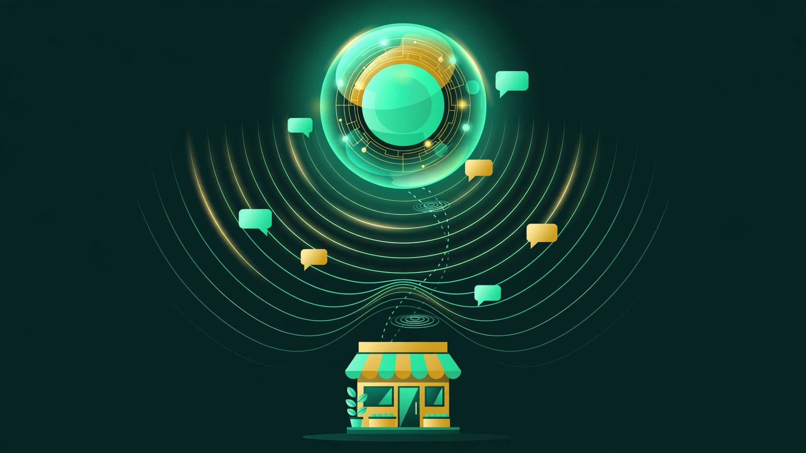 Illustration for the AEO guide: a glowing AI orb answering a local storefront