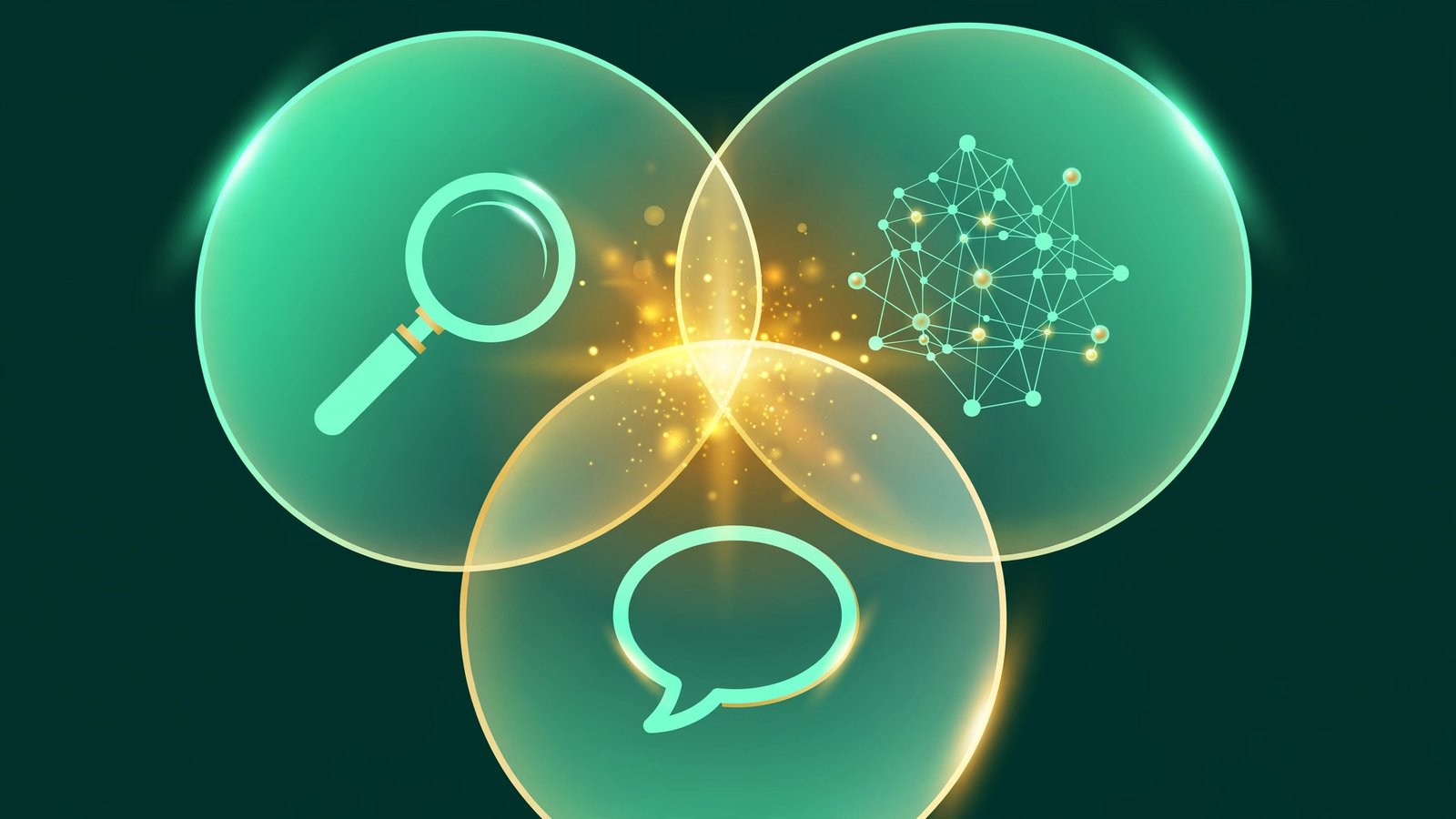Illustration for the GEO vs SEO vs AEO guide: three overlapping circles for search, AI, and answers