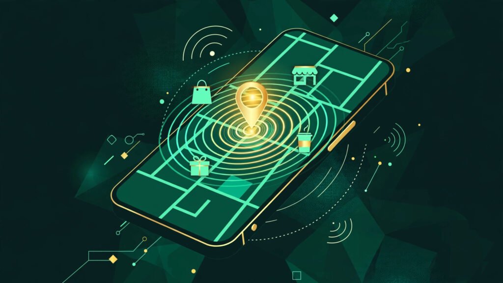 Illustration for the near me searches guide: a smartphone map with a gold location pin and radar waves