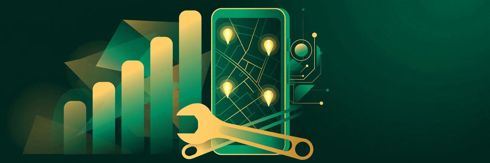 Illustration for the Local SEO for Plumbers playbook: map pins, a wrench, and a rising graph